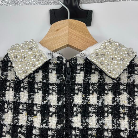 Alice + Olivia | Velia Tweed Mini Dress Black & Off White Crystal Pearl Collar 4 - Picture 13 of 16